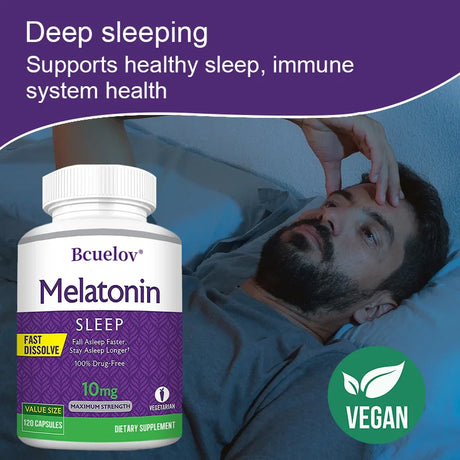 Bcuelov Melatonin 10mg Sleep Support capsules bottle for sleep support use, promoting relaxation and healthy bedtime routines.