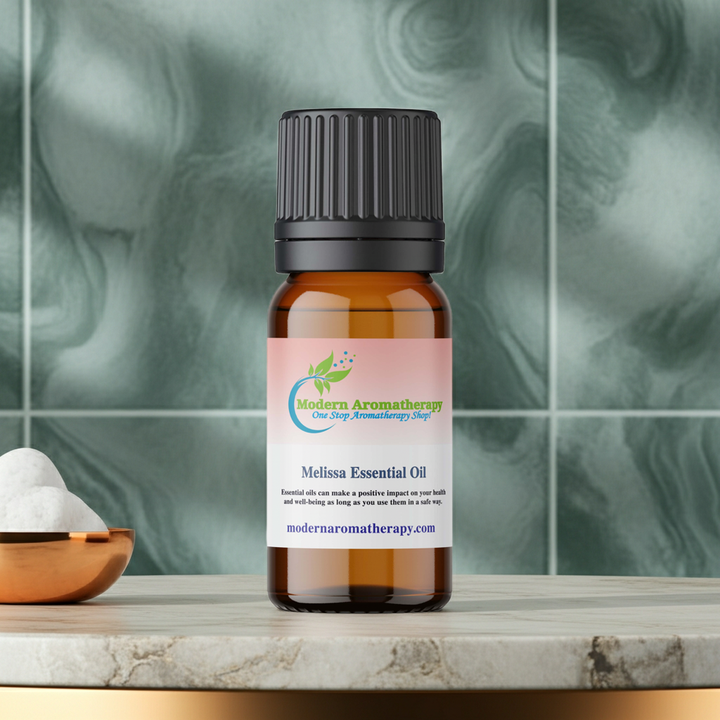 Melissa Essential Oil bottle for diffuser use, calming air-freshening aromatherapy, and emotional balance wellness routines.