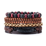 Men’s 4-piece leather wristband bracelet set for daily outfit styling, wrist accessorizing, and casual wear.