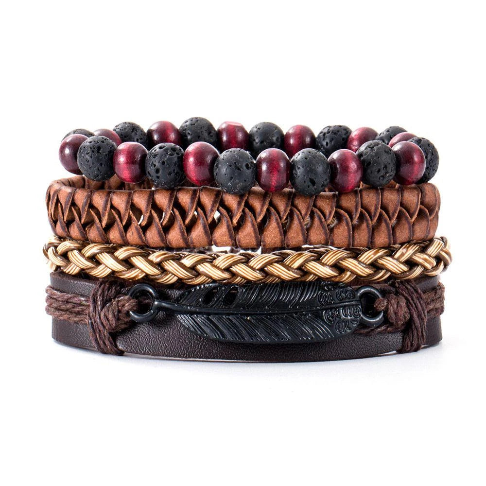 Men’s 4-piece leather wristband bracelet set for daily outfit styling, wrist accessorizing, and casual wear.