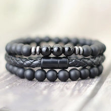Men’s beaded and leather bracelet stack set with onyx stones, tiger eye beads, and leather bands for layered wristwear, outfit pairing, and daily use.
