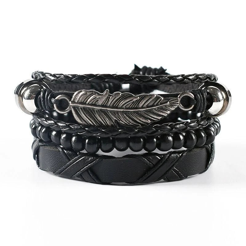 Men’s braided leather cuff and wrap bracelets set for fashion styling, layered wear, and casual outfit use.