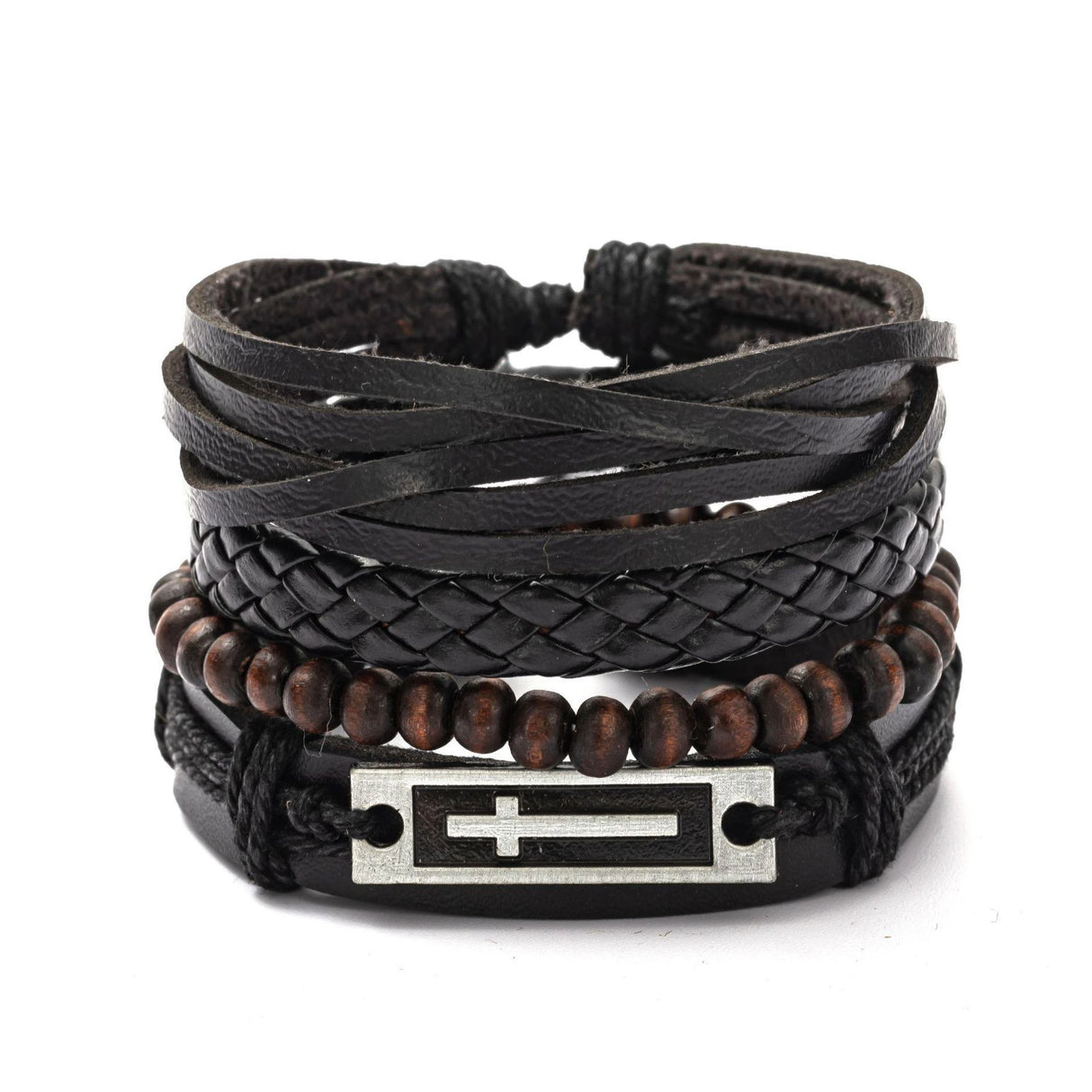 Men’s braided leather wrap bracelets 4-piece set for layered wrist styling, casual use, and daily fashion wear.