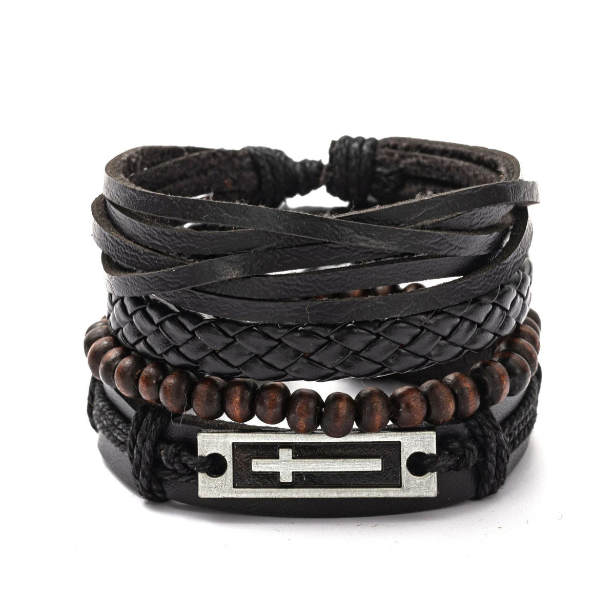 Men’s braided leather wrap bracelets 4-piece set for layered wrist styling, casual use, and daily fashion wear.