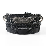 Men’s distressed leather tribal charm bracelet set with layered bands for rugged everyday wear, casual styling, and fashion accessorizing.