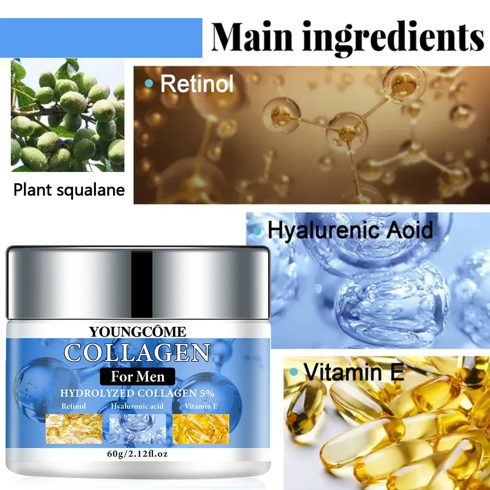 Men’s firming facial cream with retinol and collagen for improving skin texture, moisturizing, and daily anti-aging care.