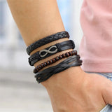 Men’s layered braided leather bracelets set for stacking, casual fashion looks, and everyday accessory use.