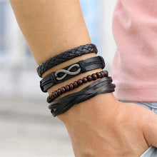 Men’s layered braided leather bracelets set for stacking, casual fashion looks, and everyday accessory use.