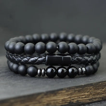 Men’s leather and stone bracelet set with onyx bead bracelets and tiger eye strands for relaxed styling, layered wear, and modern men’s fashion use.