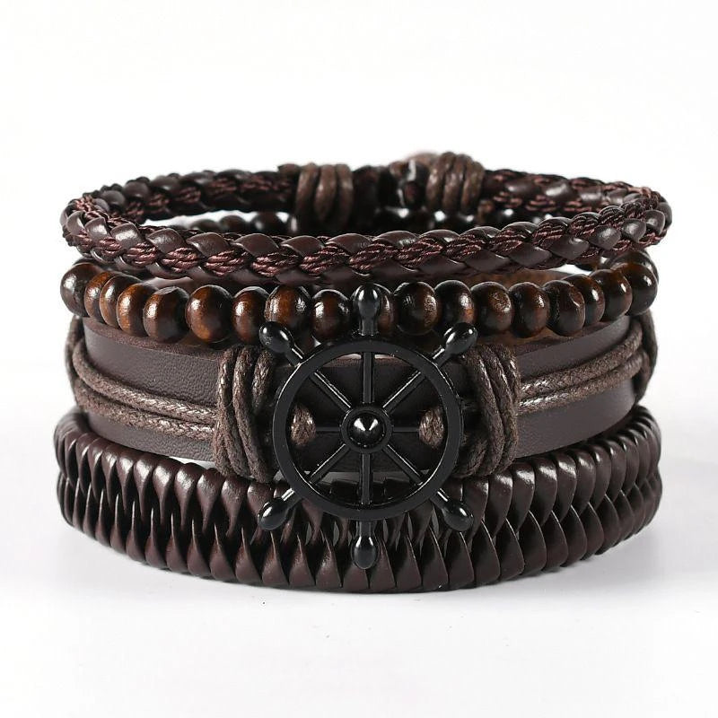 Men’s multi-layer braided leather bracelet set for stacked accessory wear, outfit styling, and everyday use.