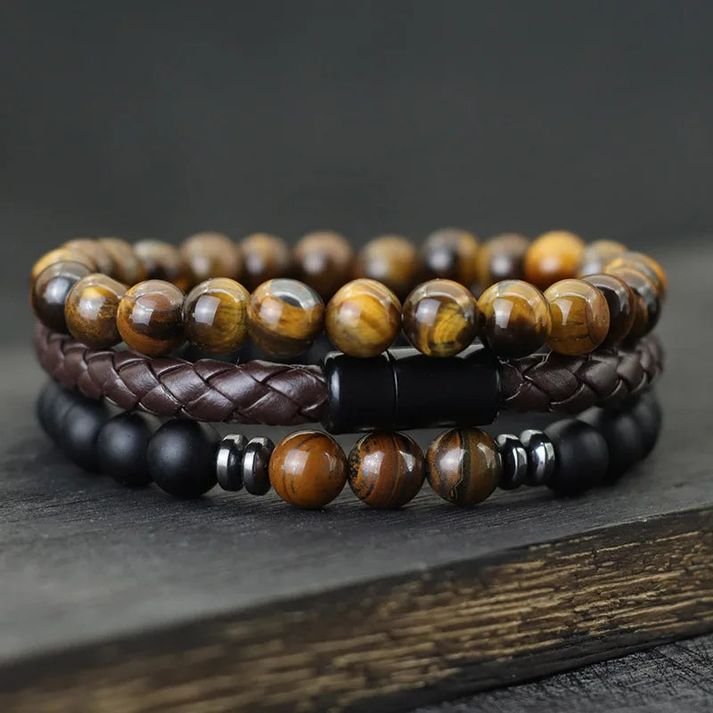Men’s onyx bead, tiger eye, and leather bracelets set for wrist stacking, everyday style, and adding a natural stone accent to casual outfits.