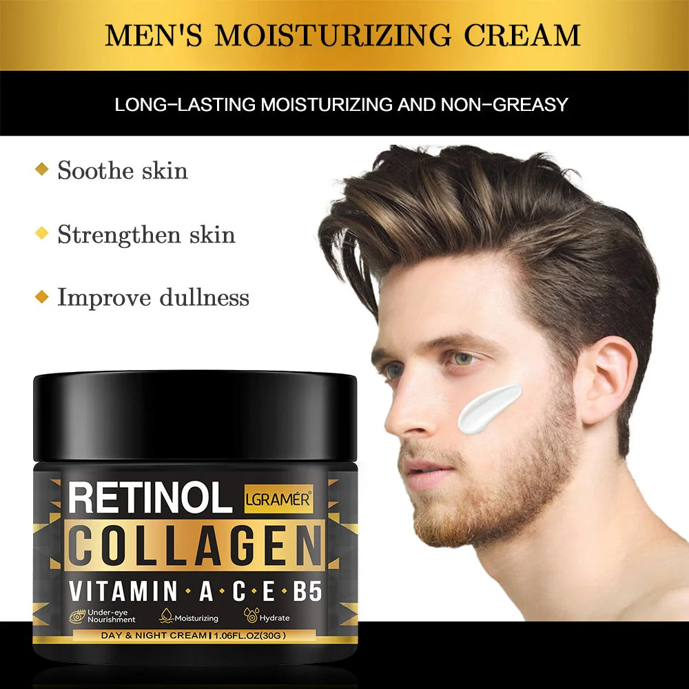 Men’s Retinol Collagen brightening face cream for moisturizing dull skin, improving radiance, and everyday skincare use.