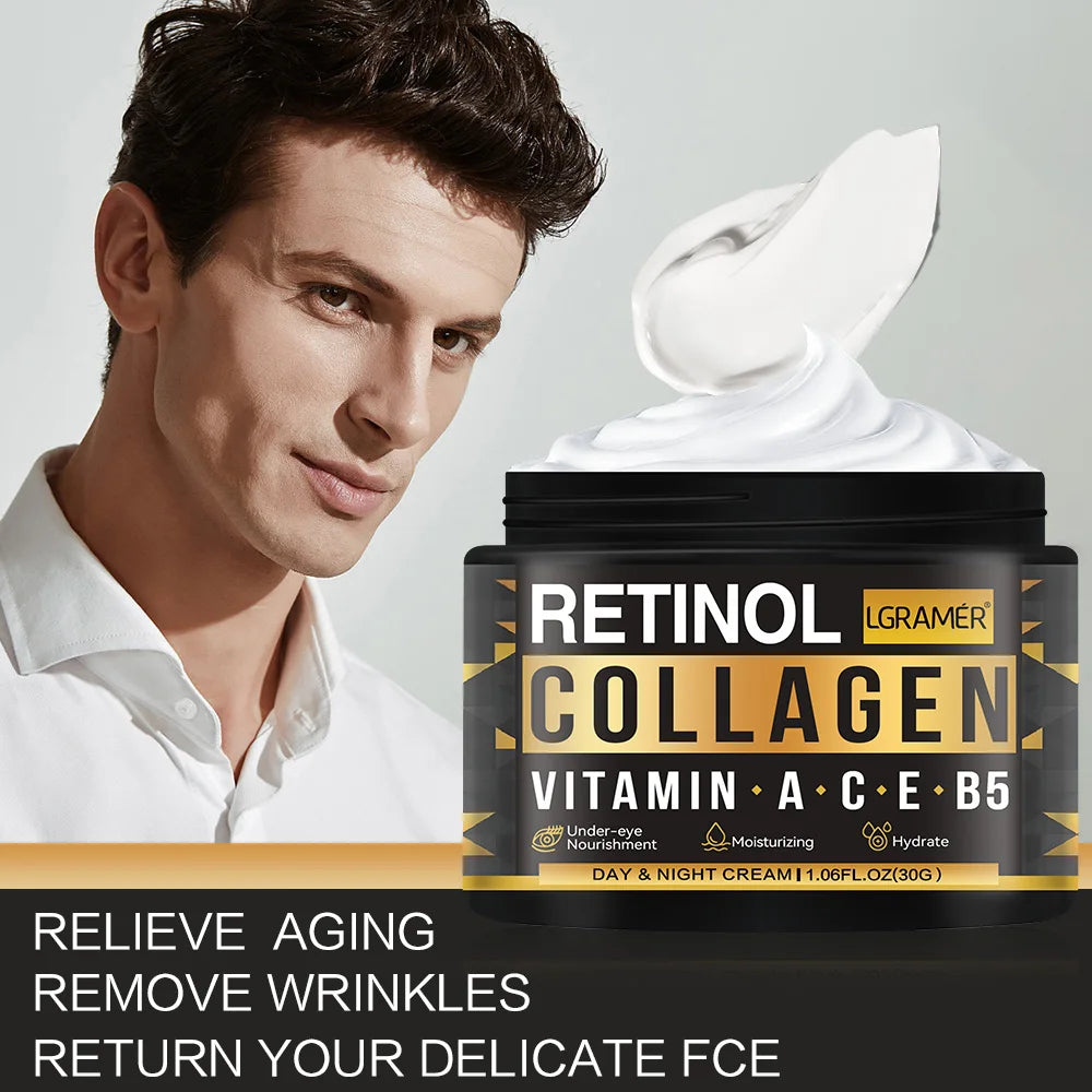 Men’s Retinol Collagen Face Cream moisturizer jar for hydrating skin, smoothing wrinkles, and daily facial care.