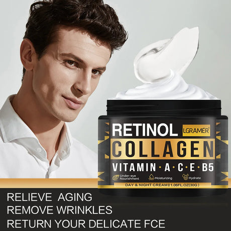 Men’s Retinol Collagen Face Cream moisturizer jar for hydrating skin, smoothing wrinkles, and daily facial care.