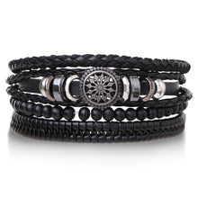 Men’s rustic leather tribal charm bracelet stack with braided cords and metal accents for layered wear, street fashion, and daily outfits.