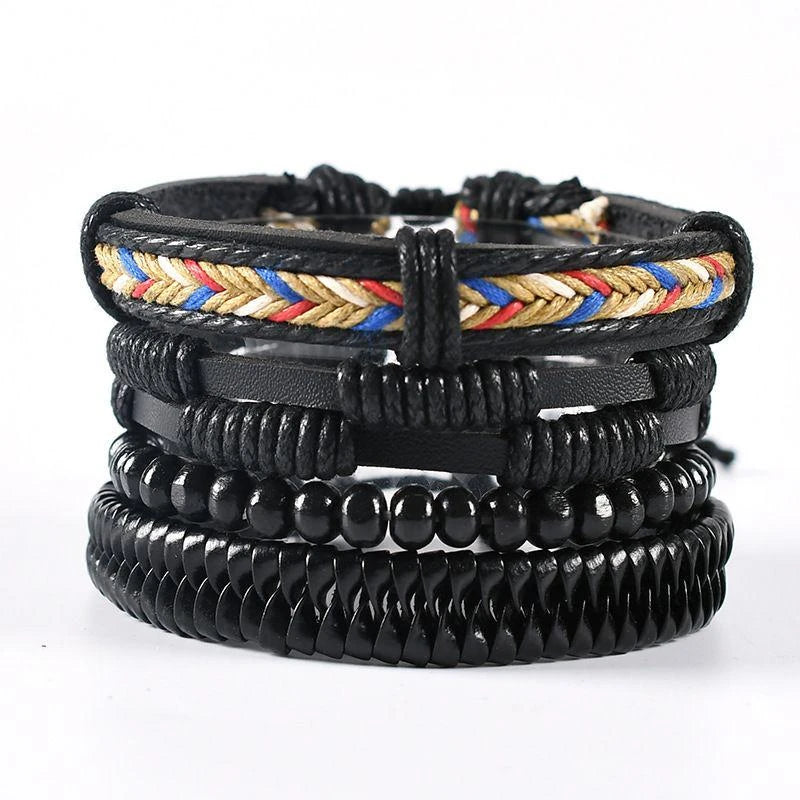 Men’s trendy braided leather bracelets set for modern outfit styling, casual wear, and layered wrist accessory use.