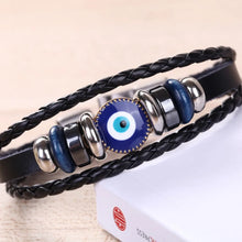 Men’s Turkish vintage leather bracelet with evil eye charm for casual accessorizing, spiritual symbolism, and everyday outfit wear.