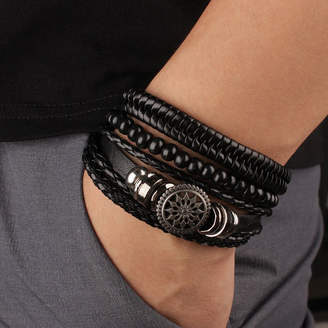 Men’s Vintage Leather Tribal Charm Bracelet Set with layered leather bands and tribal charm accents for casual wear, street style, and everyday fashion.