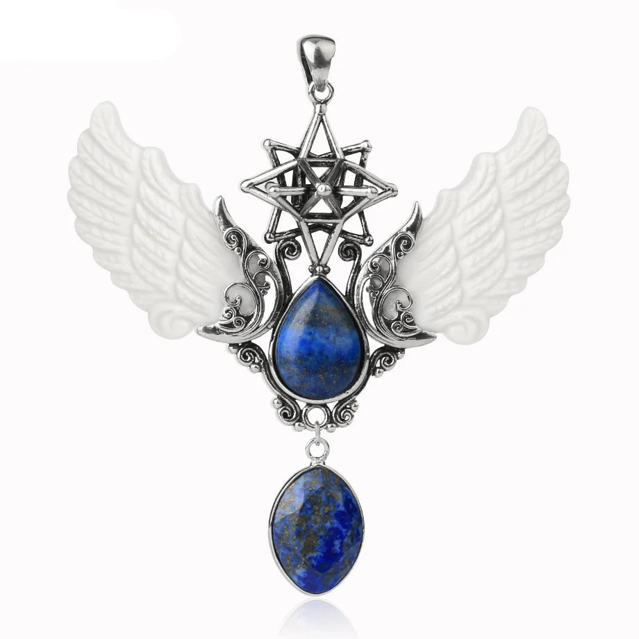Merkaba Angel Wing teardrop pendant necklace for symbolic jewelry wear, dressy styling, and special occasion gifting.