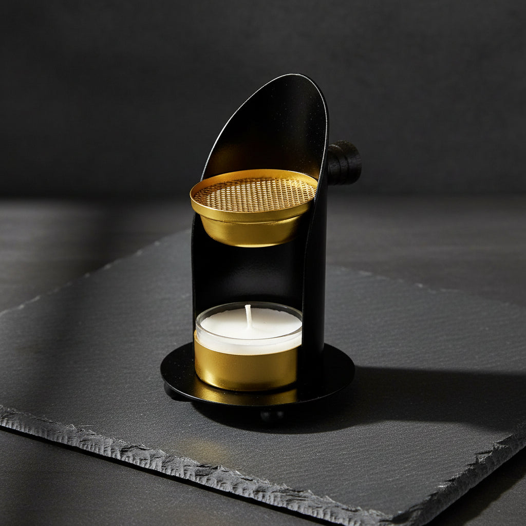 Metal adjustable resin burner close-up detail of brass finish for altar and meditation space decor.