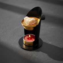 Metal adjustable resin burner front view for incense resin burning, charcoal disc use, and altar decor.