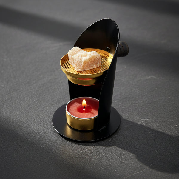 Metal adjustable resin burner front view for incense resin burning, charcoal disc use, and altar decor.