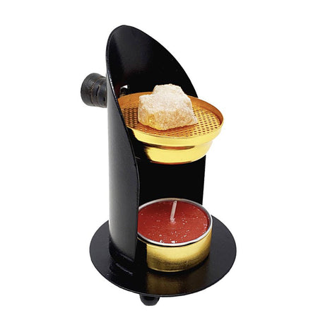 Metal adjustable resin burner shown open for loading resin and charcoal, ventilated design for safe burning.