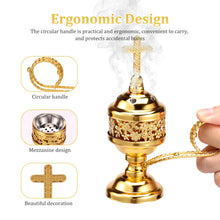 Gold metal incense burner for church use during worship services, altar rituals, and sacred ceremonies.
