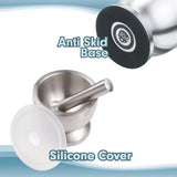 Stainless steel mortar and pestle bowl with lid for grinding spices, herbs, and cooking ingredients.