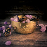 Golden Pentagram metal offering bowl for storing crystals, herbs, and sacred altar tools in ritual work.