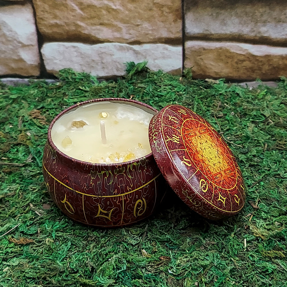 Metaphysical crystal tin candle for manifestation, spiritual focus, and ritual ceremonies.