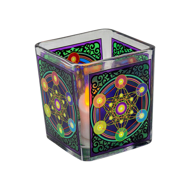 Metatron Chakra handcrafted glass square votive holder for candle rituals, altar decor, and meditation spaces.