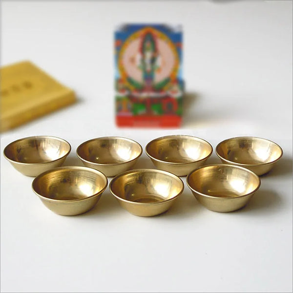 Mini Brass Tibetan Offering Bowl Set with small brass bowls for altar offerings, prayer rituals, and daily spiritual practice.