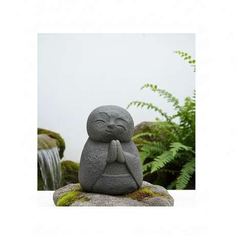 Mini Happy Jizo Buddha volcanic stone statue for meditation décor, altar display, and peaceful home decoration.
