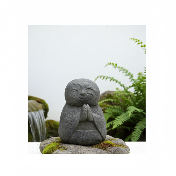 Mini Happy Jizo Buddha volcanic stone statue for meditation décor, altar display, and peaceful home decoration.