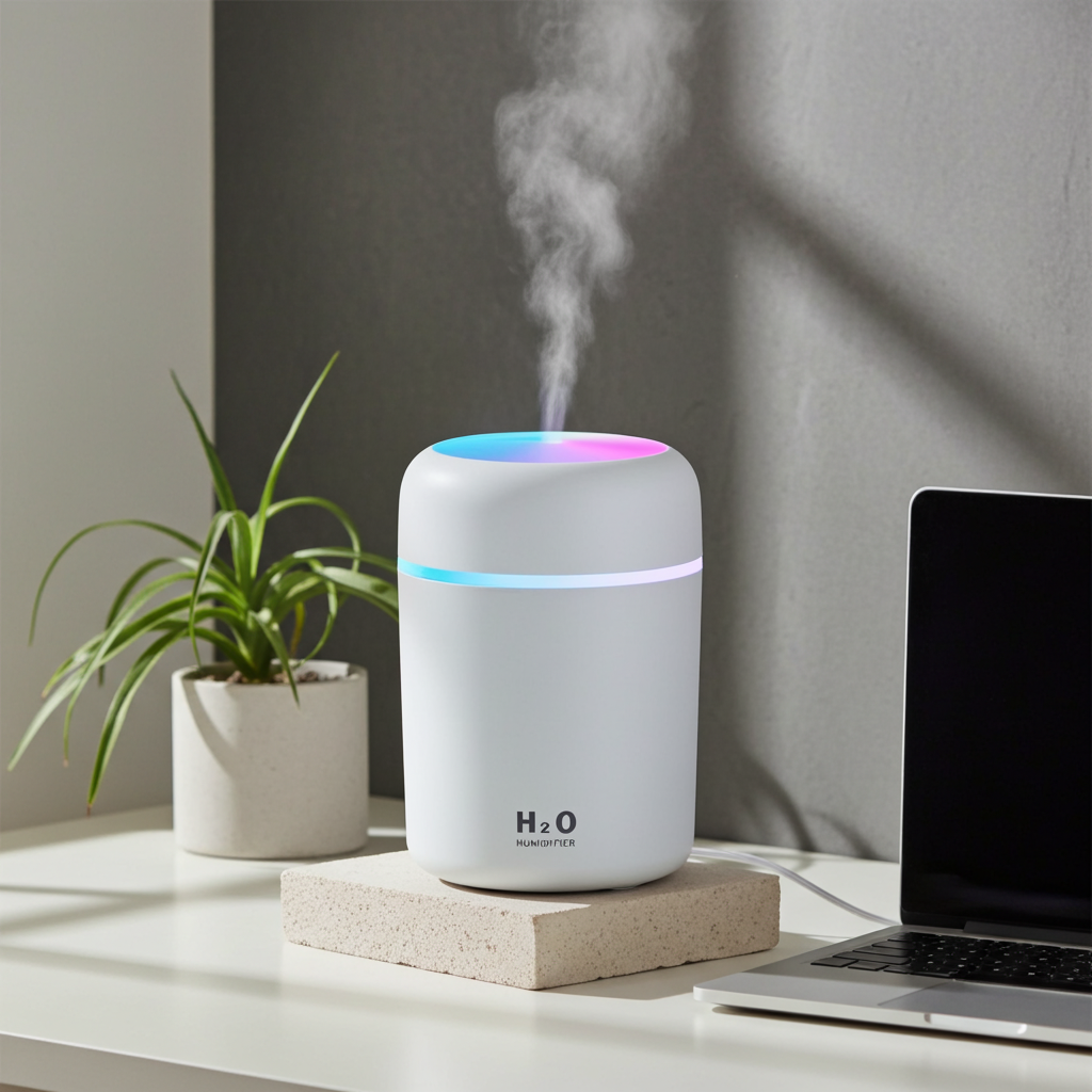 Mini Humidifier USB personal device for adding moisture to dry air in the bedroom, office, room, and car.