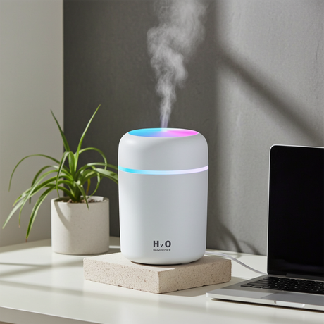 Mini Humidifier USB personal device for adding moisture to dry air in the bedroom, office, room, and car.