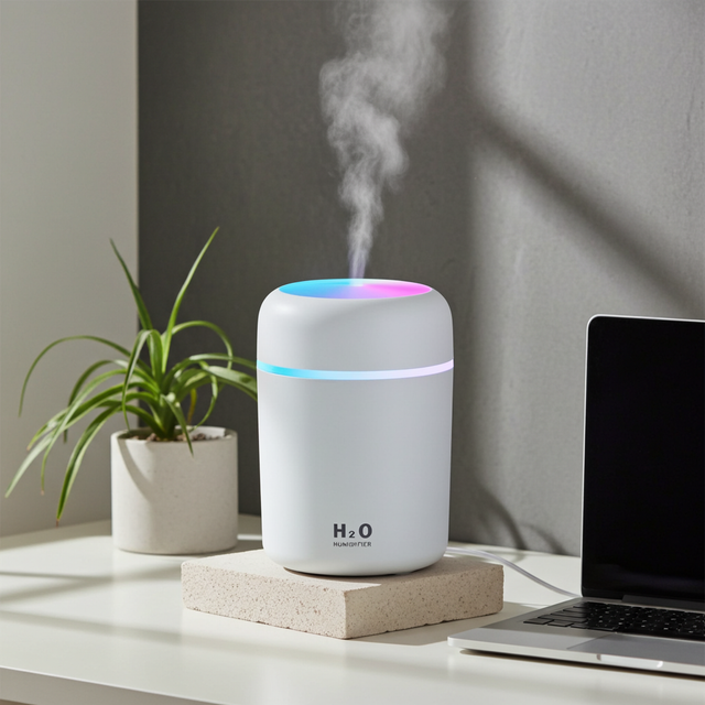 Mini Humidifier USB personal device for adding moisture to dry air in the bedroom, office, room, and car.