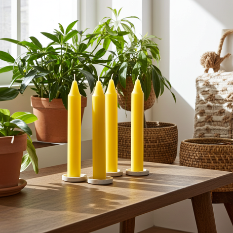 Mini Ritual Candle yellow set of 4 taper candles for prayer, intention setting, and spiritual ritual use.