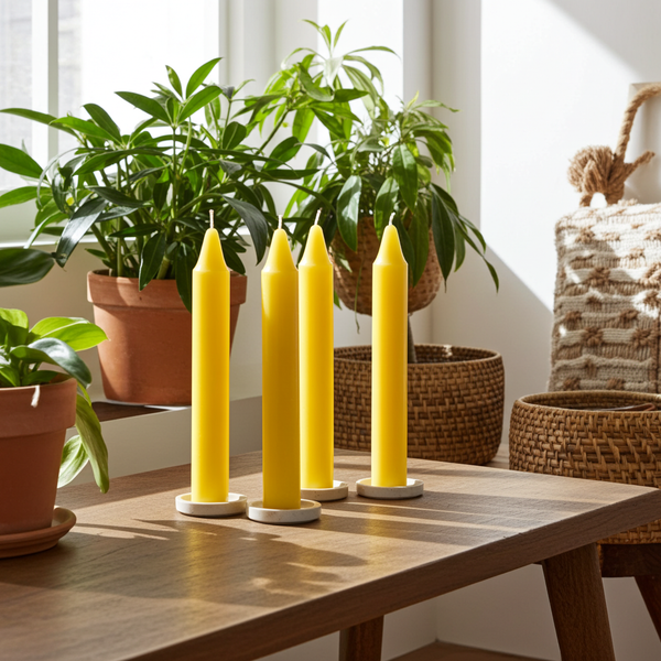 Mini Ritual Candle yellow set of 4 taper candles for prayer, intention setting, and spiritual ritual use.