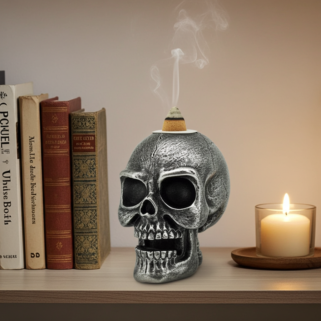 Mini Silver Skull Backflow Incense Burner with cascading smoke waterfall for gothic home décor.