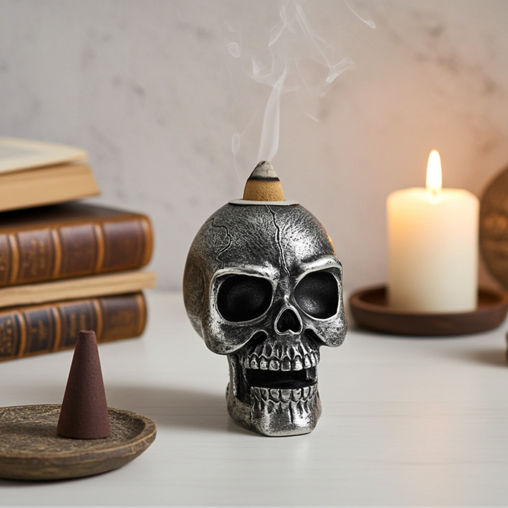 Mini Silver Skull Backflow Incense Burner in use with incense smoke for a mystical atmosphere.