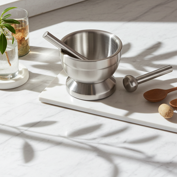 Mini Stainless Steel Mortar & Pestle Set for grinding spices, herbs, and seasonings in everyday kitchen prep.