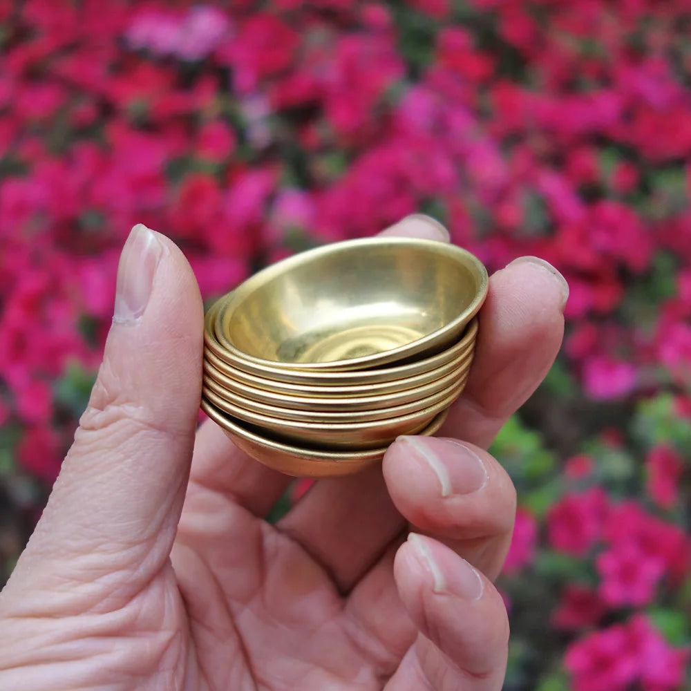 Mini Tibetan brass altar bowl set for ritual water offerings, home shrine use, and daily devotional practice.