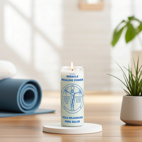 Miracle Healing white 7 day candle in glass jar for prayer, spiritual healing, and devotional use.