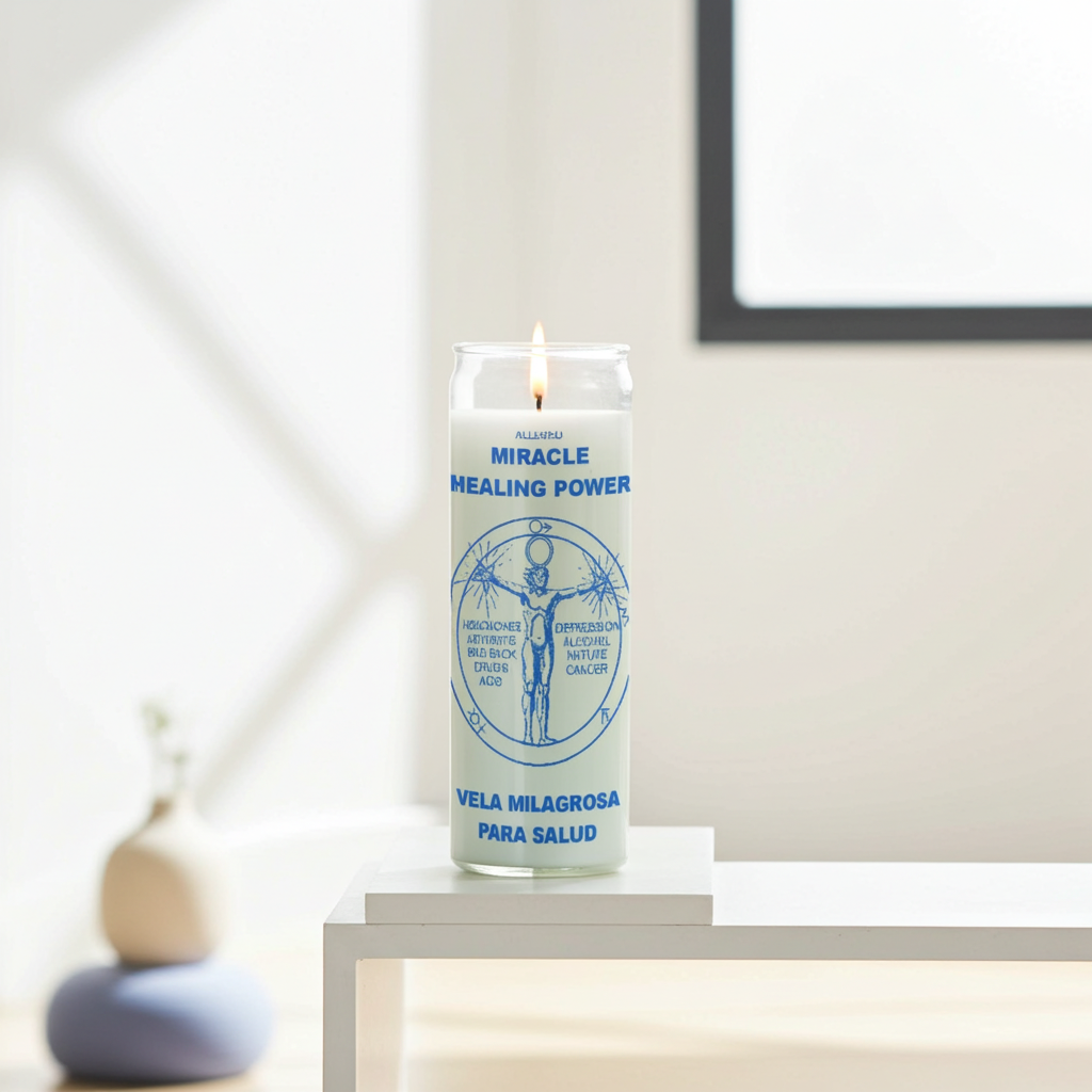 Miracle Healing white prayer candle in tall glass for healing petitions, altar work, and daily prayer.