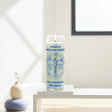 Miracle Healing white prayer candle in tall glass for healing petitions, altar work, and daily prayer.