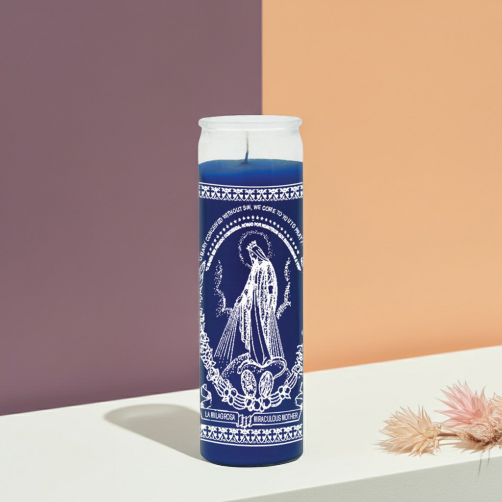 Miraculous Mother 7 day devotional candle in blue glass container for novena prayer, meditation, and sacred space use.