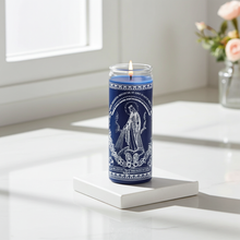 Miraculous Mother blue 7 day candle in glass jar for prayer, devotional rituals, and spiritual altar use.