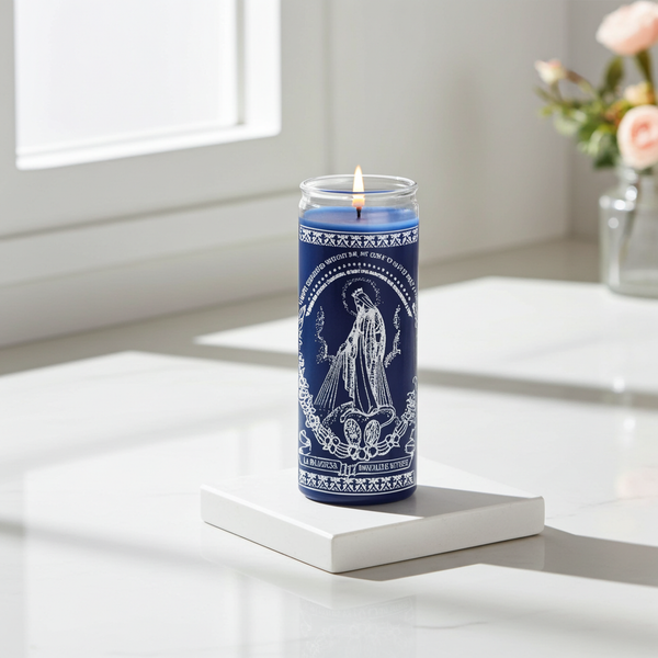 Miraculous Mother blue 7 day candle in glass jar for prayer, devotional rituals, and spiritual altar use.